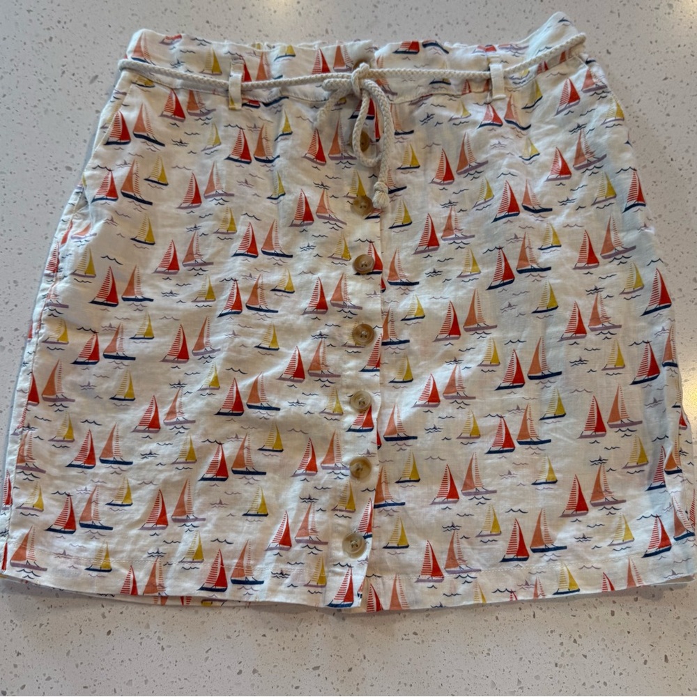Cynthia Rowley Ivory 100% Linen Retro Sailboat Graphic Button-Front Skirt Large